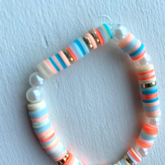 Bohemian clay bead braclet colorful stretch gold tone rings white pearls - Picture 8 of 11